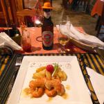Great prawn dinner.  Check out the tiny beer hat!