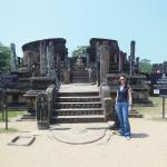 Vatadage at Polonnaruwa.  A Vatadage is a circular relic house consisting of a small central  Buddhist monument flanked by Buddha images and encircled by columns.